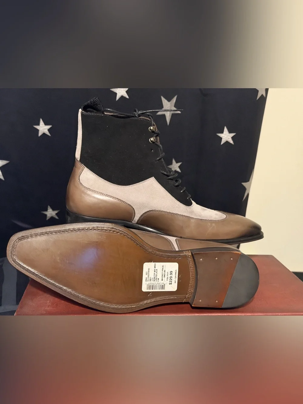 MEZLAN Wingtip Mix LEATHER & Suede Grey / Black Boots Men's 8 M MSRP $450.00